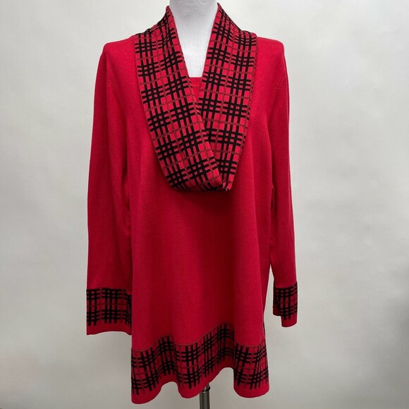 Kim Rogers Curvy Sweater with Scarf 2X Red Black Multicolor Plaid NWT - Picture 1 of 9